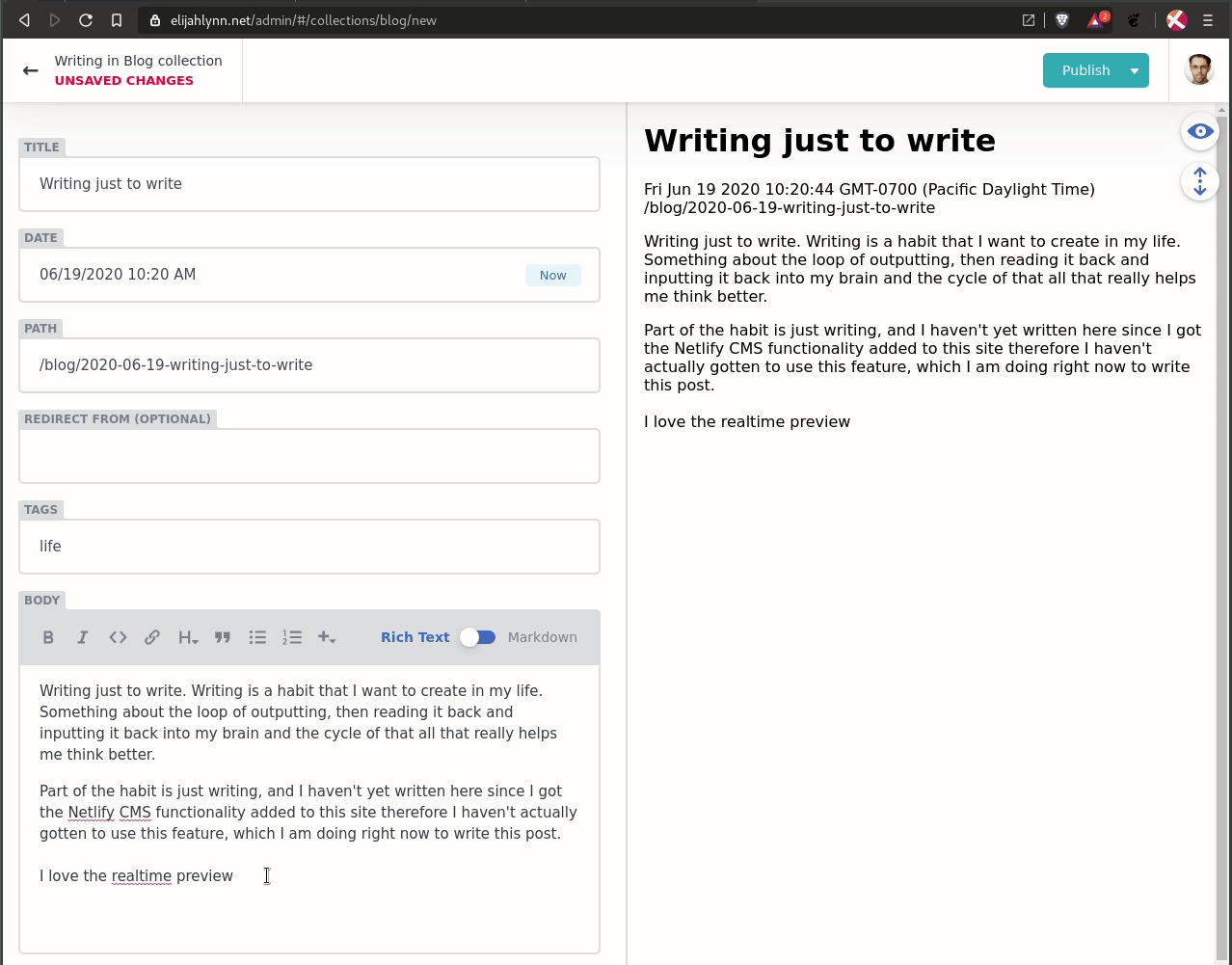 Netlify CMS Real-time Preview Animated GIF showing the realtime preview of Netlify CMS